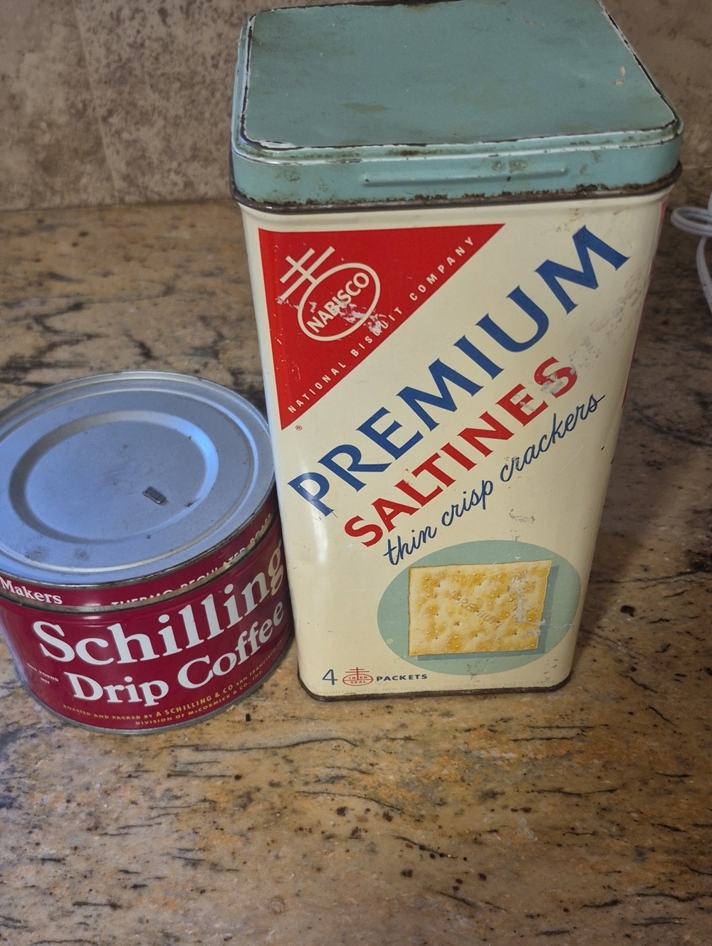 Premium Saltines Metal Storage Tin in Cream and Light Blue -